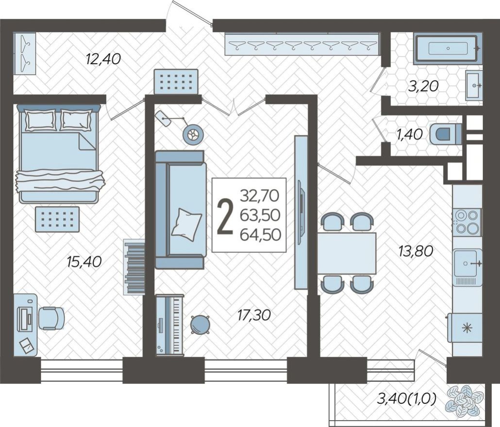 2к. квартира, 64.5 м²