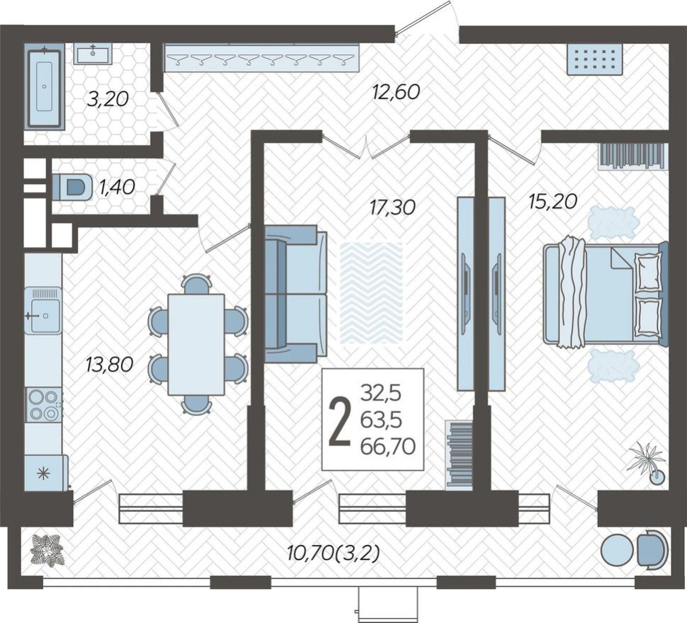 2к. квартира, 66.7 м²