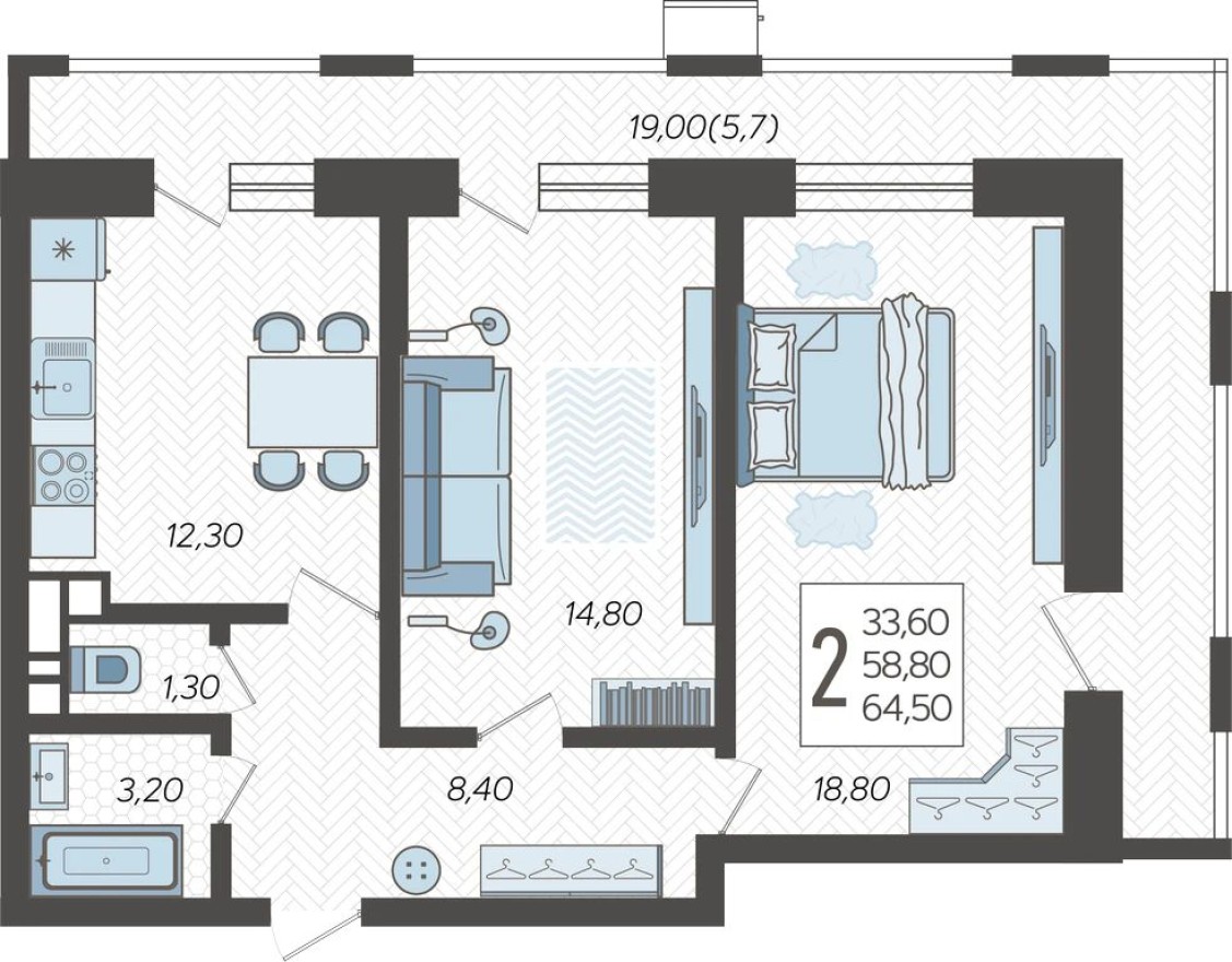 2к. квартира, 64.5 м²