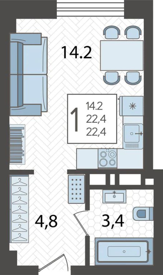 1к. квартира, 22.0 м²