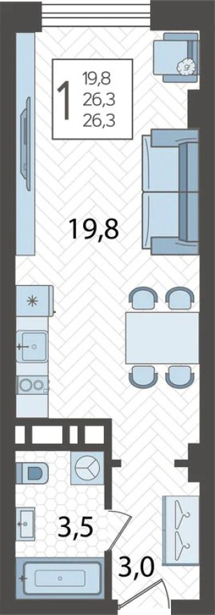 1к. квартира, 26.2 м²