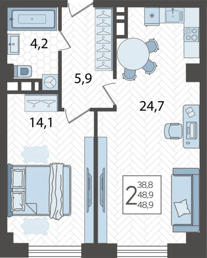 2к. квартира, 48.8 м²