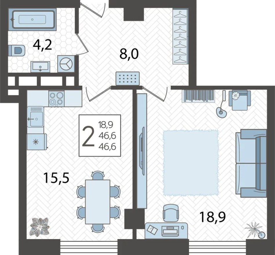 2к. квартира, 46.4 м²