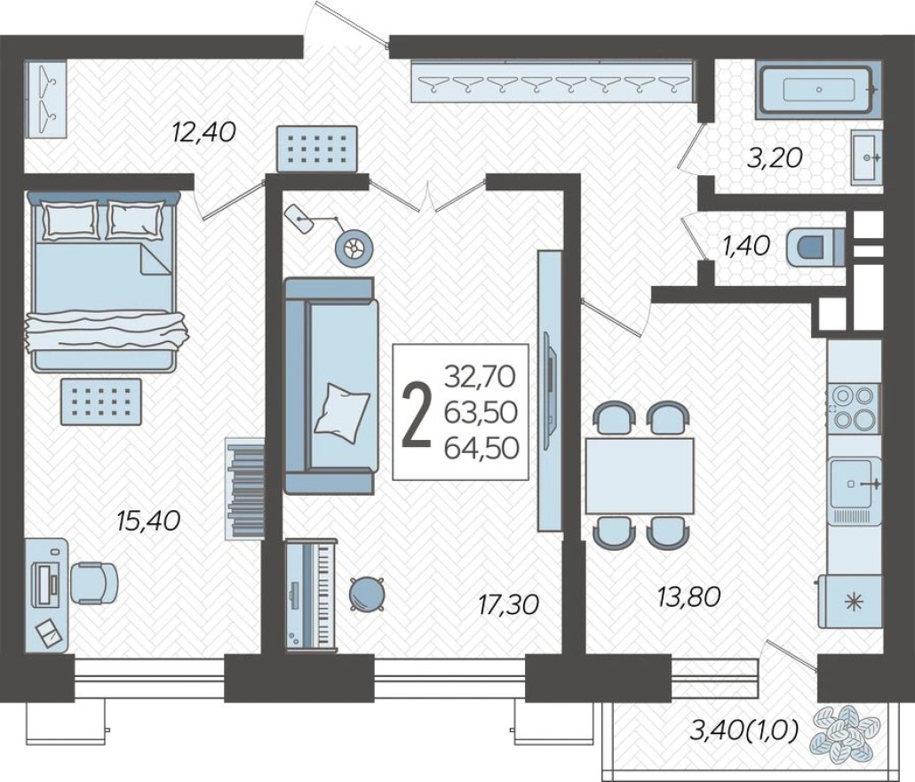 2к. квартира, 64.5 м²
