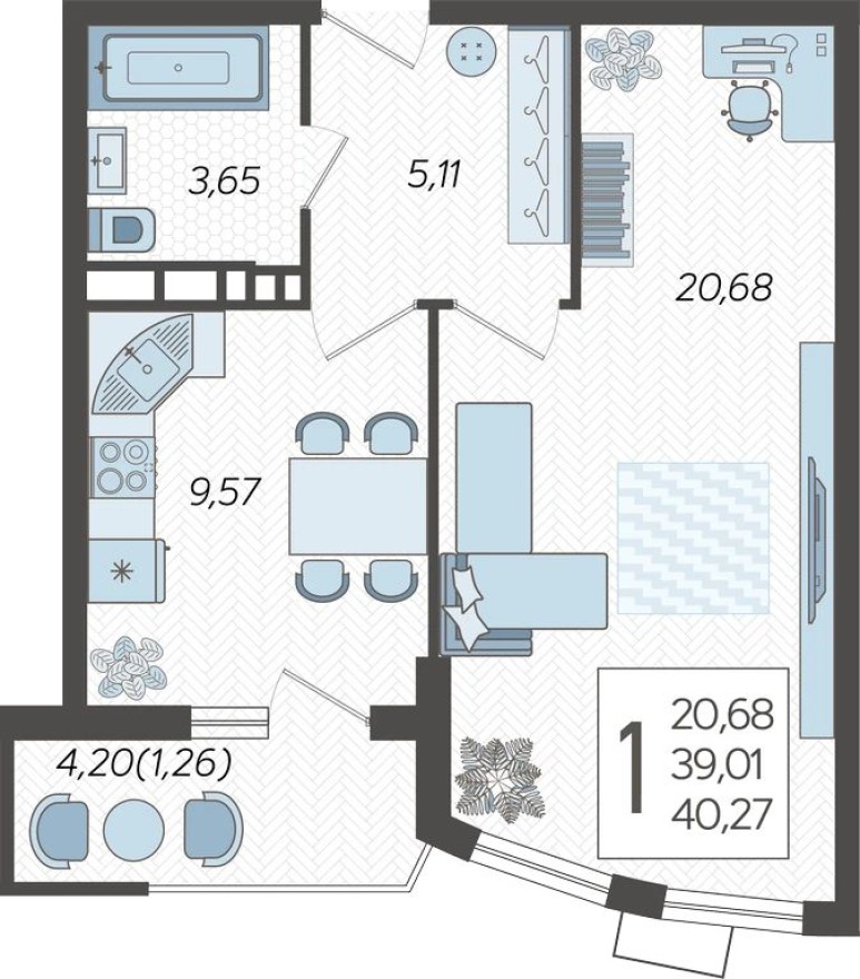 1к. квартира, 40.3 м²