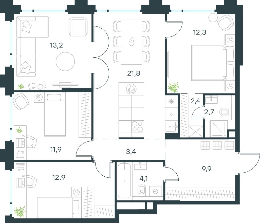 4к. квартира, 94.6 м²