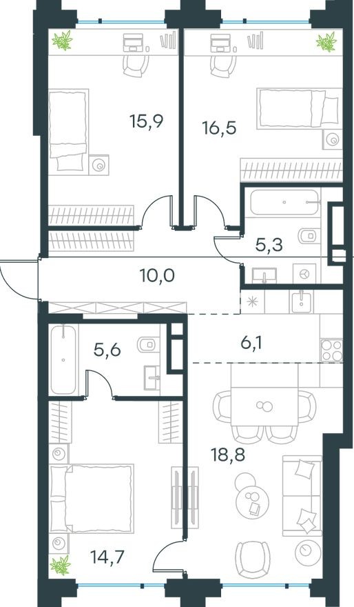 4к. квартира, 92.9 м²