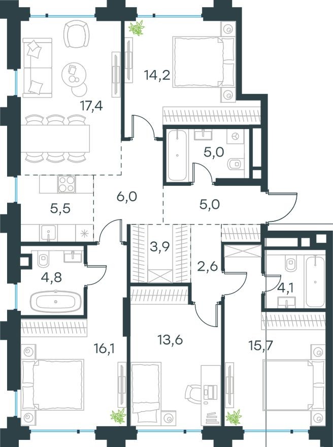 5к. квартира, 113.9 м²