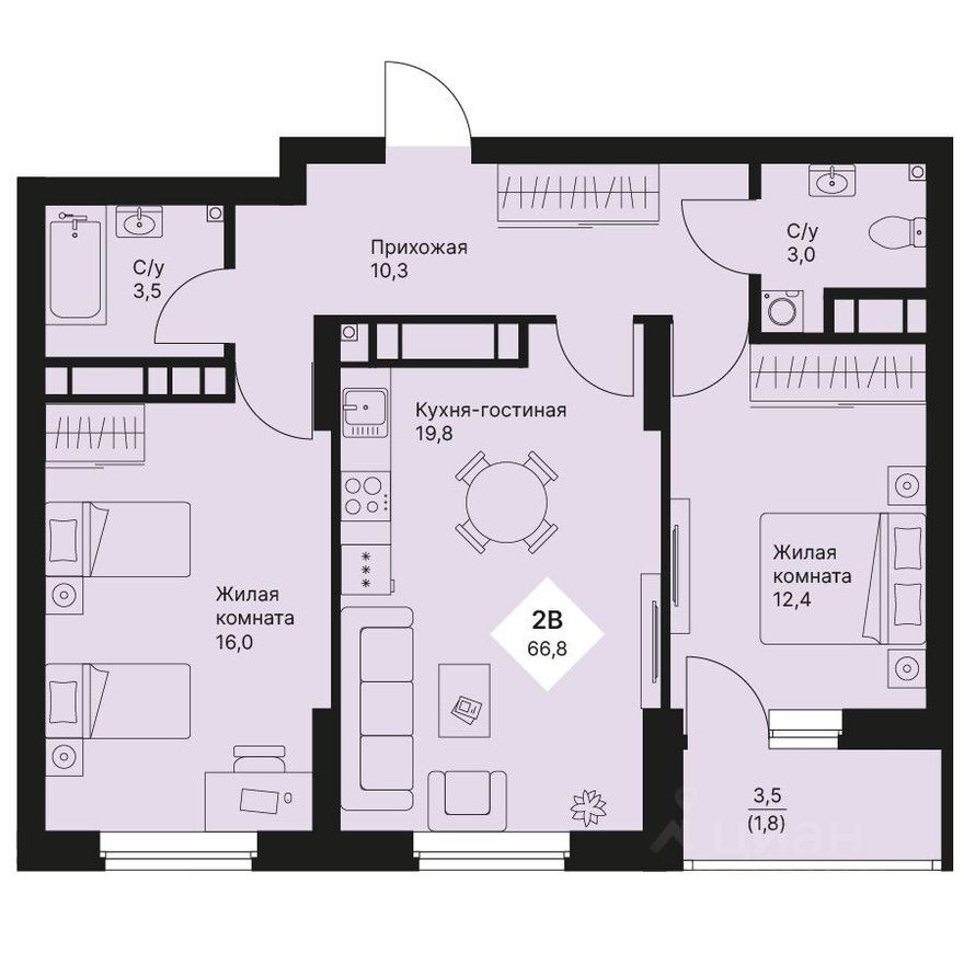 2к. квартира, 66.8 м²