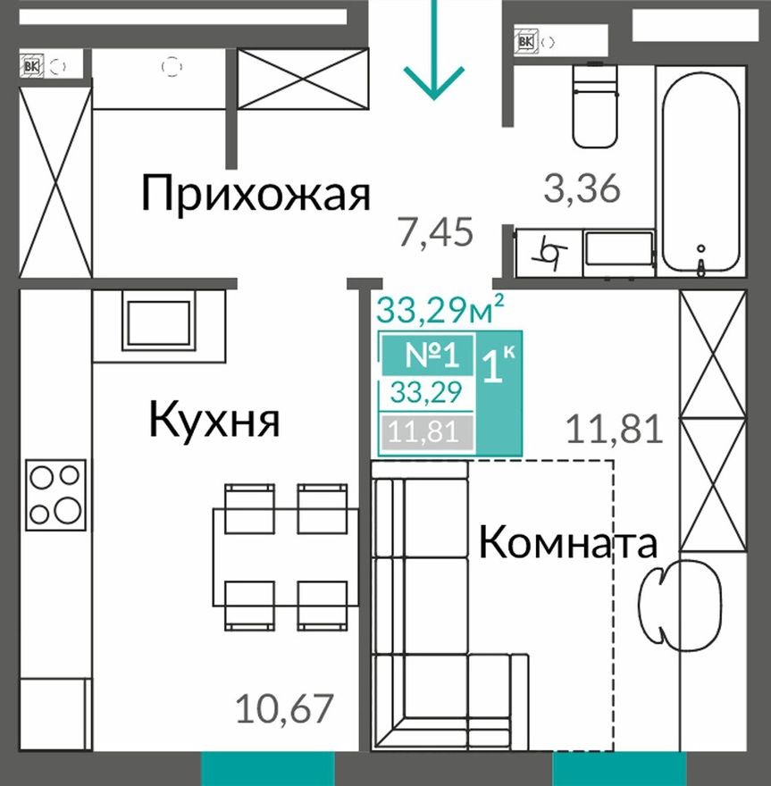 1к. квартира, 33.3 м²
