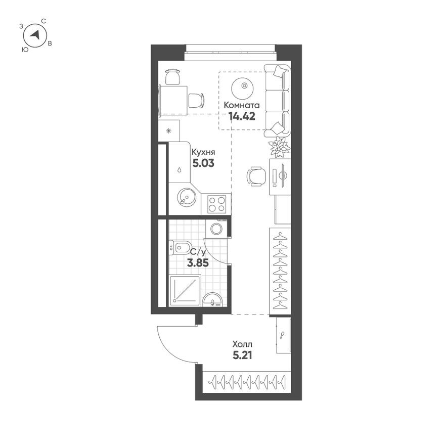 Студия-квартира, 28.1 м²