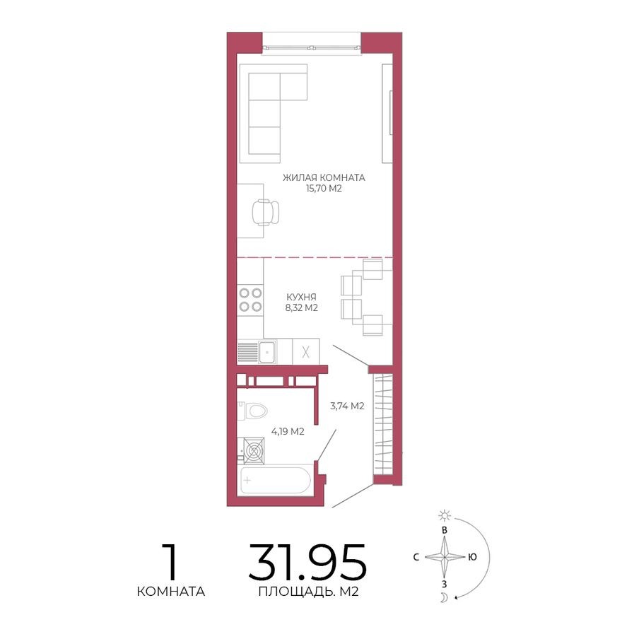 1к. квартира, 32.0 м²