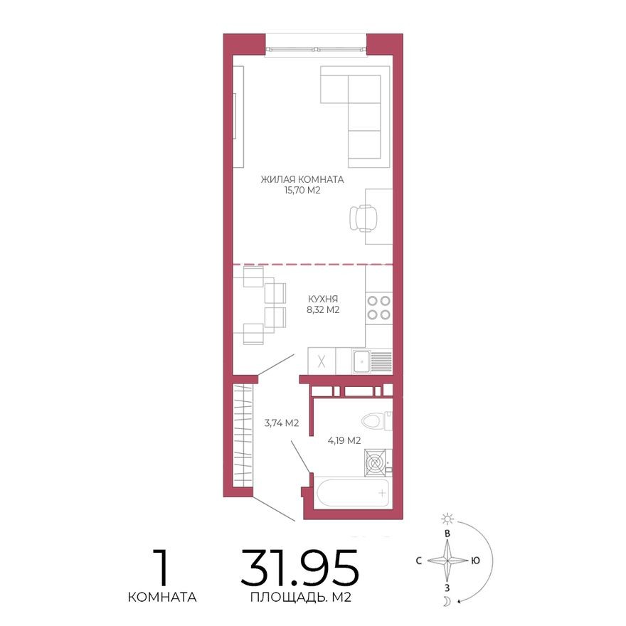 1к. квартира, 32.0 м²
