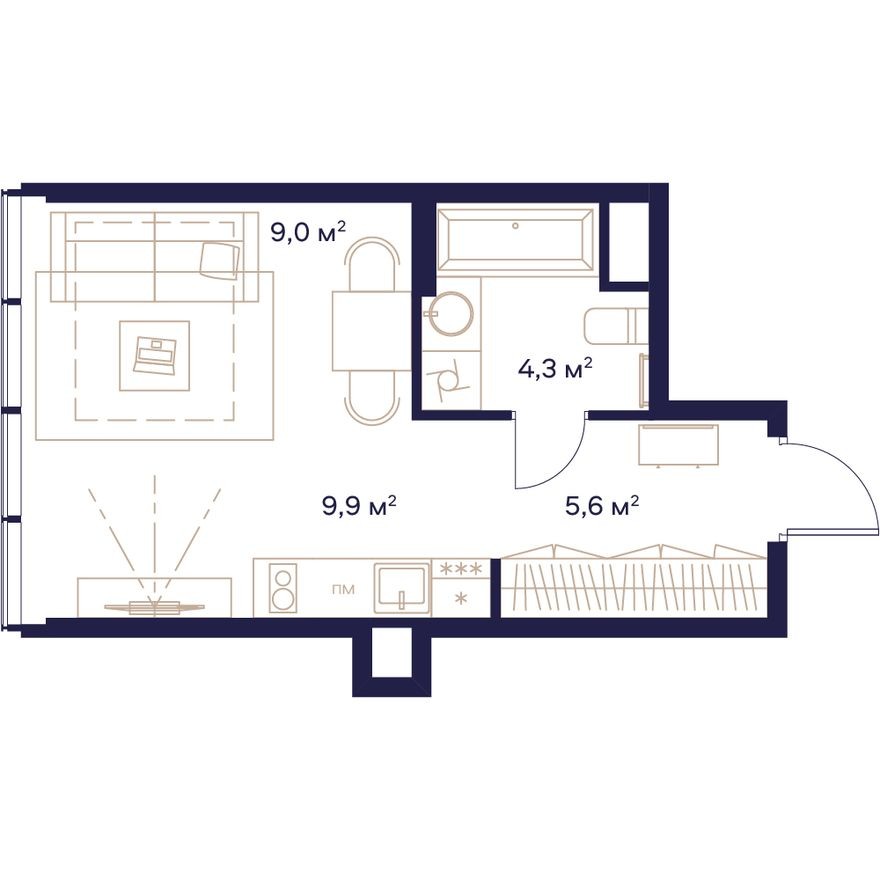 Студия-квартира, 28.8 м²