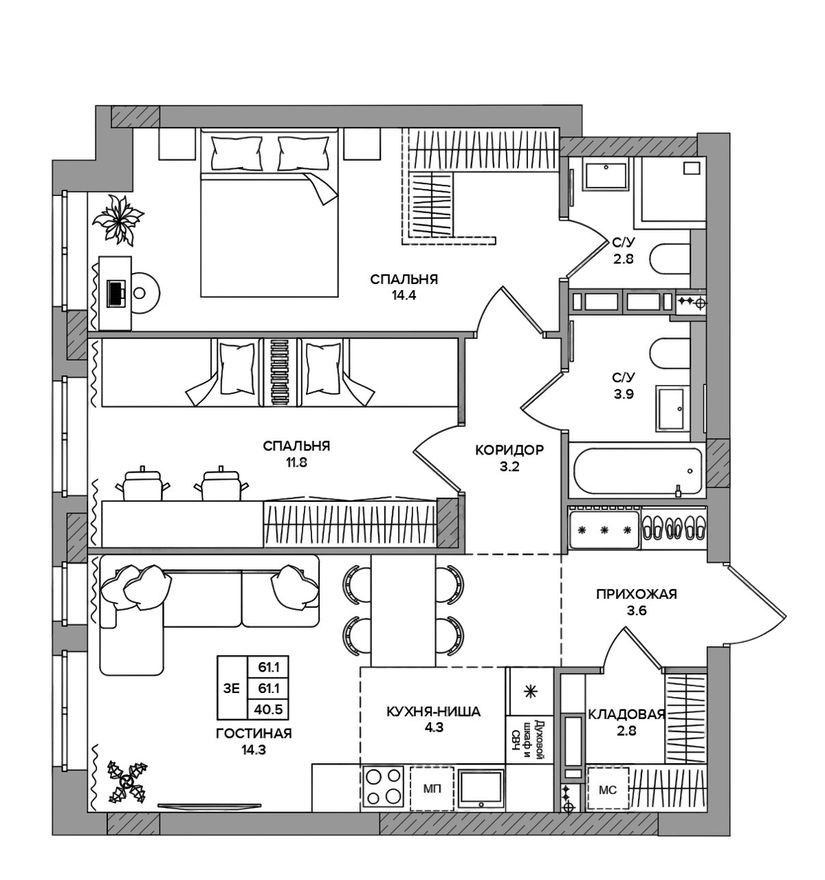 3е квартира, 61.1 м²