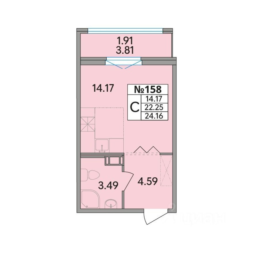 1к. квартира, 24.2 м²