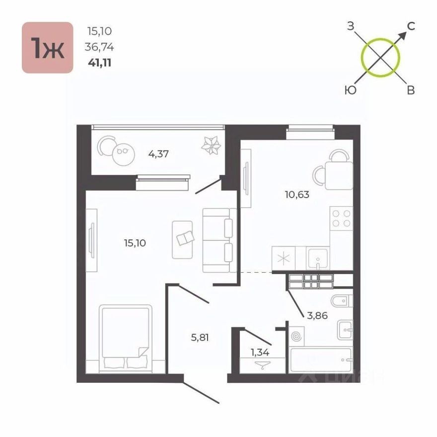 1к. квартира, 41.1 м²