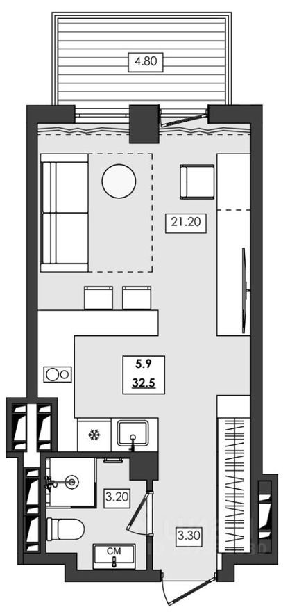 1к. апартаменты, 32.5 м²