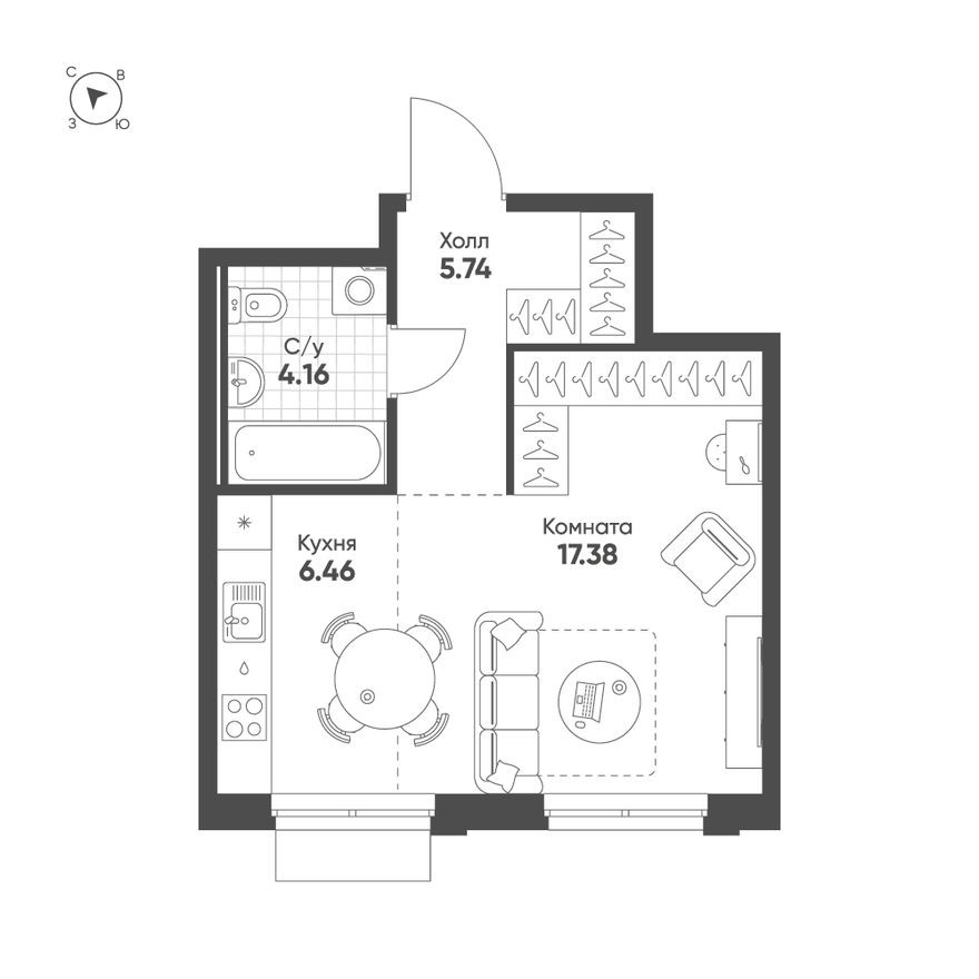 Студия-квартира, 33.7 м²