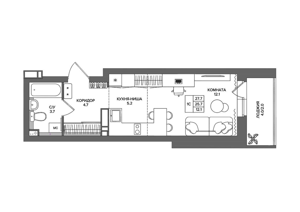 Студия-квартира, 27.7 м²