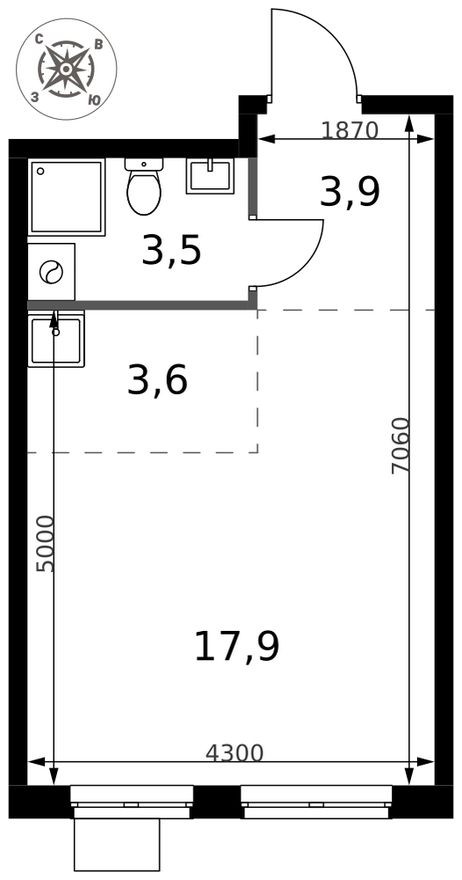 Планировка — Студия-квартира, 28.9 м²