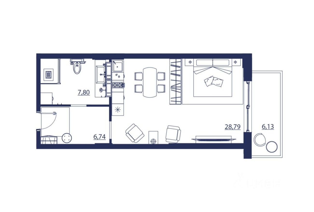 Студия-апартаменты, 49.5 м²