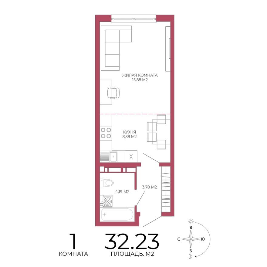 1к. квартира, 32.2 м²
