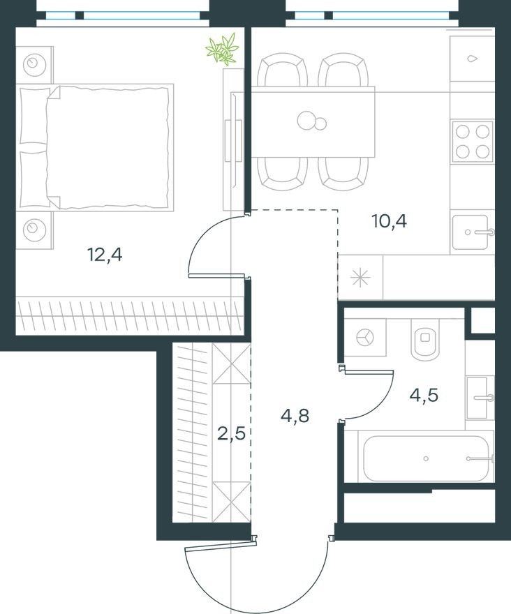 1к. квартира, 34.6 м²
