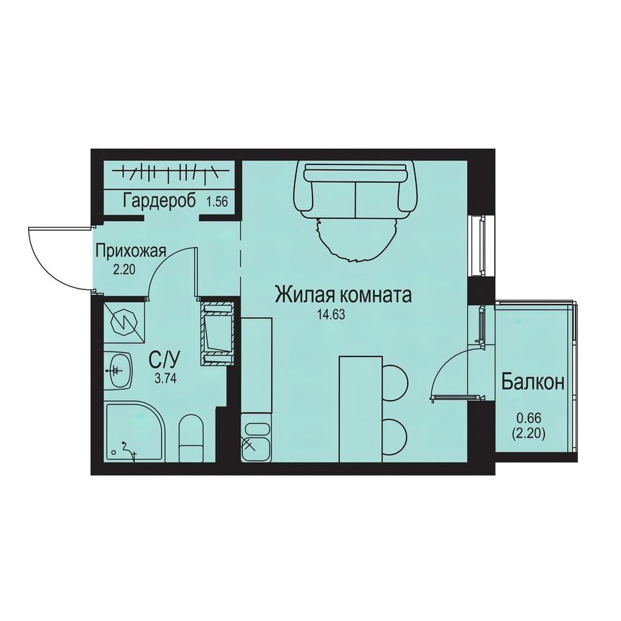 Студия-квартира, 22.8 м²