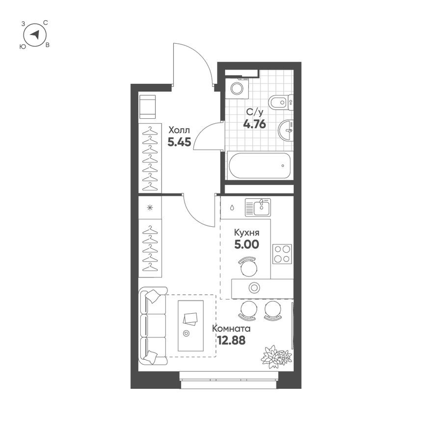Студия-квартира, 28.0 м²