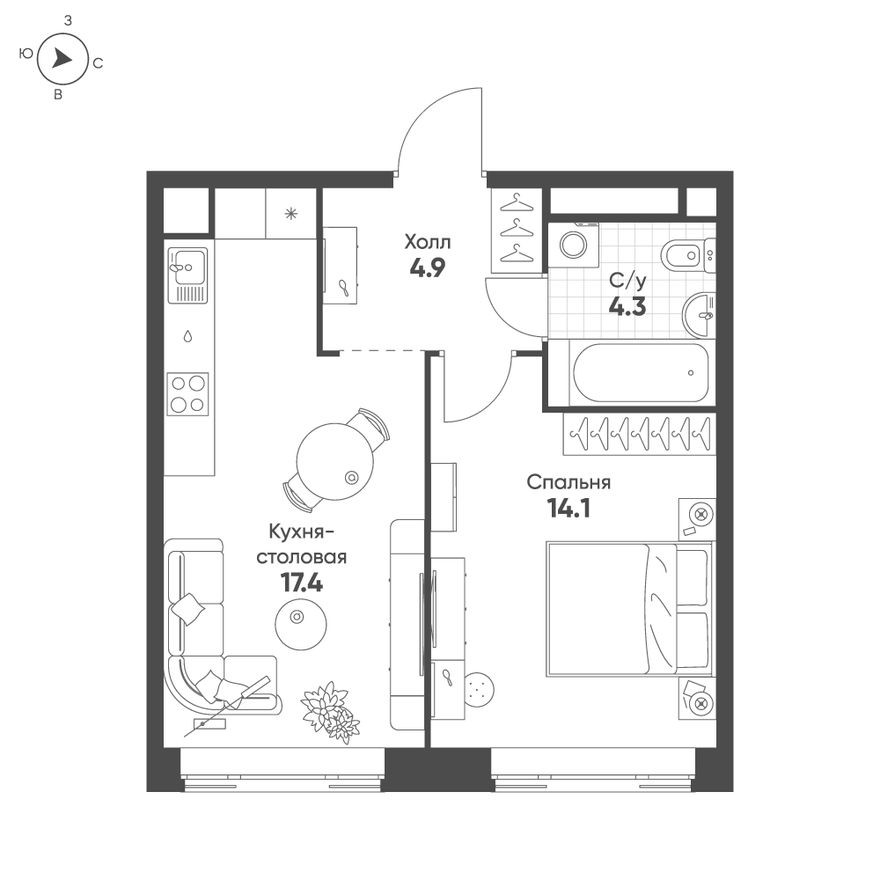 1к. квартира, 40.7 м²
