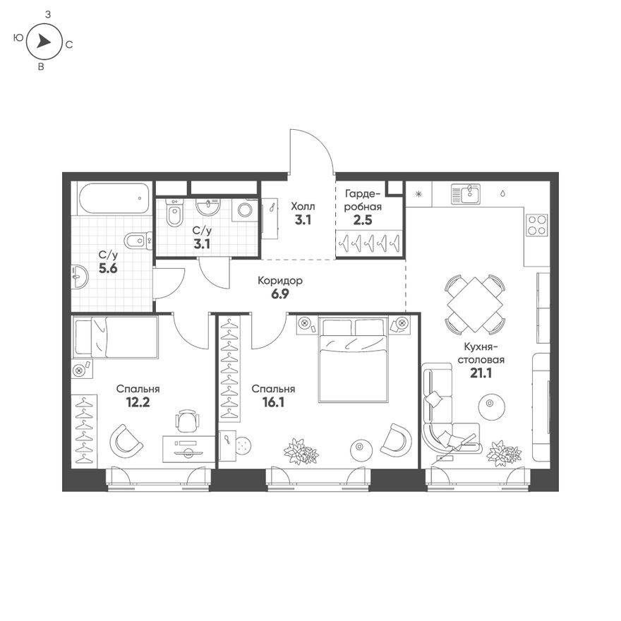 2к. квартира, 70.6 м²