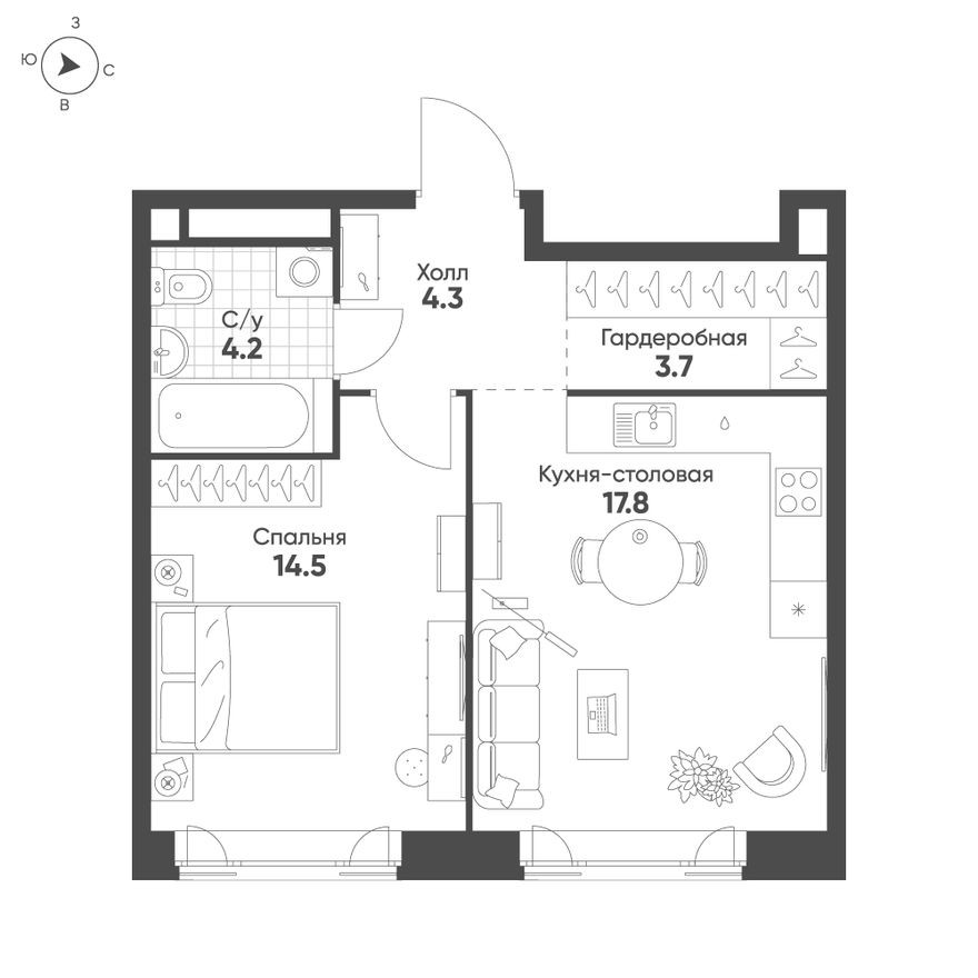 1к. квартира, 44.5 м²