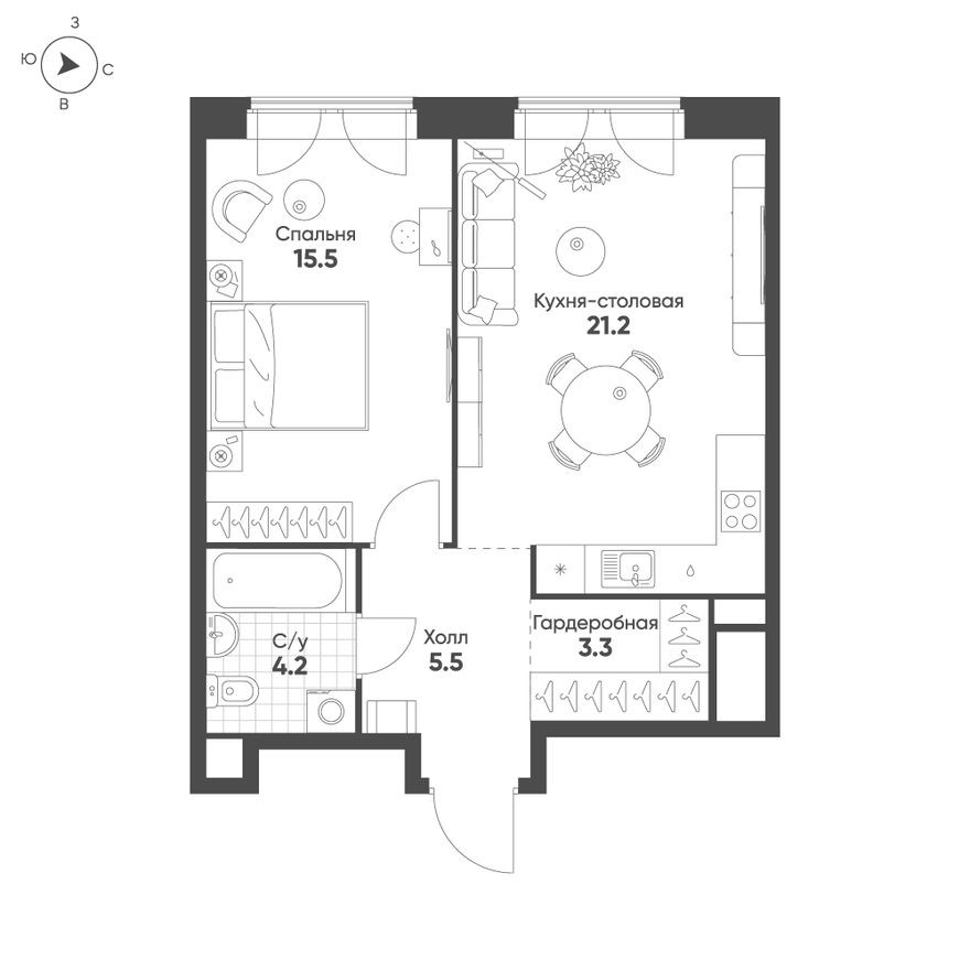 1к. квартира, 49.7 м²
