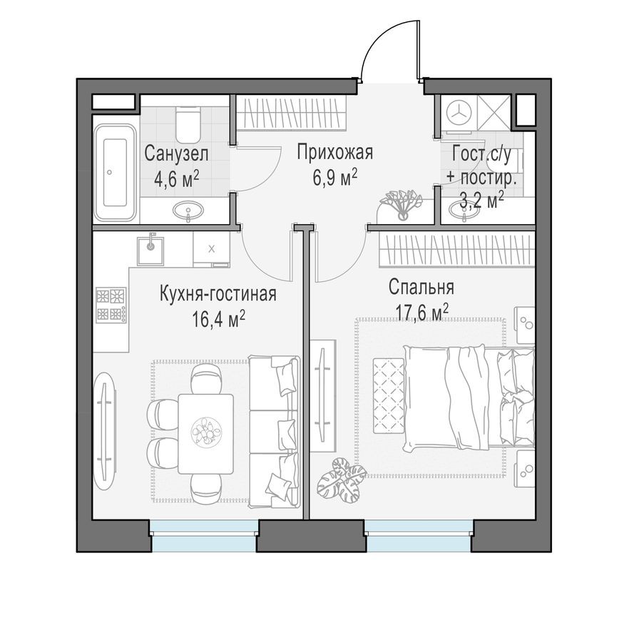 1к. квартира, 48.7 м²
