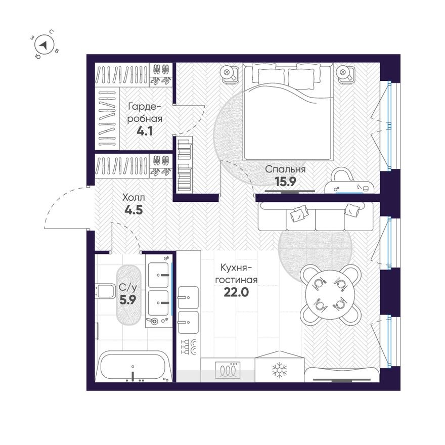 1к. квартира, 52.4 м²