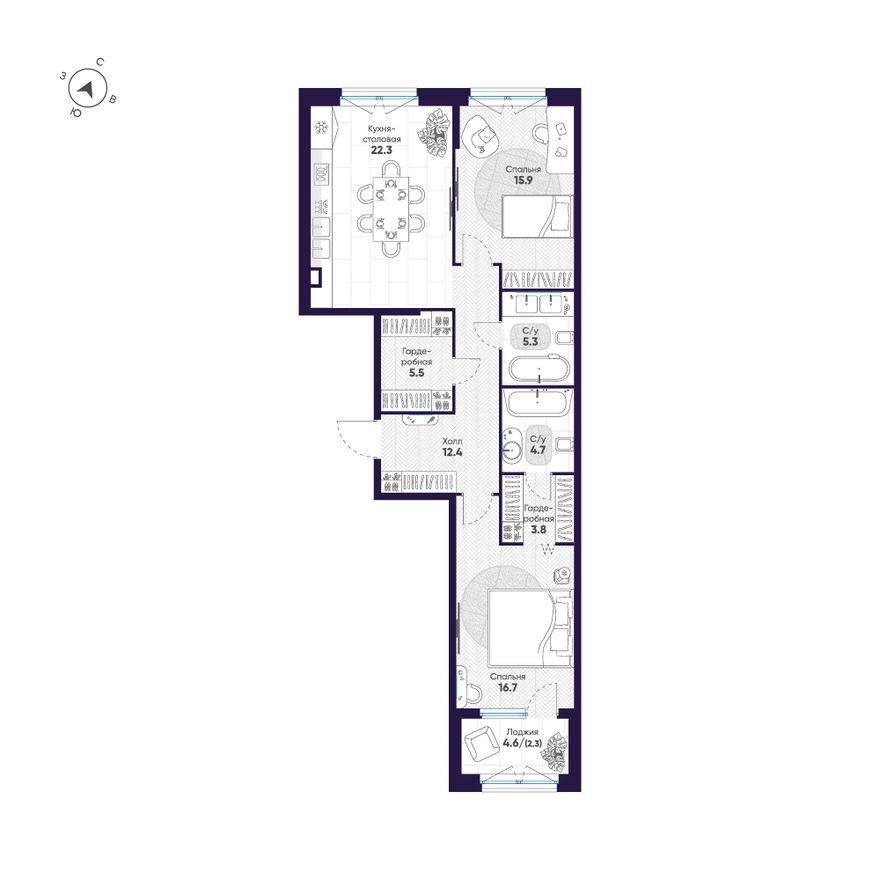 Планировка — 2к. квартира, 88.9 м²