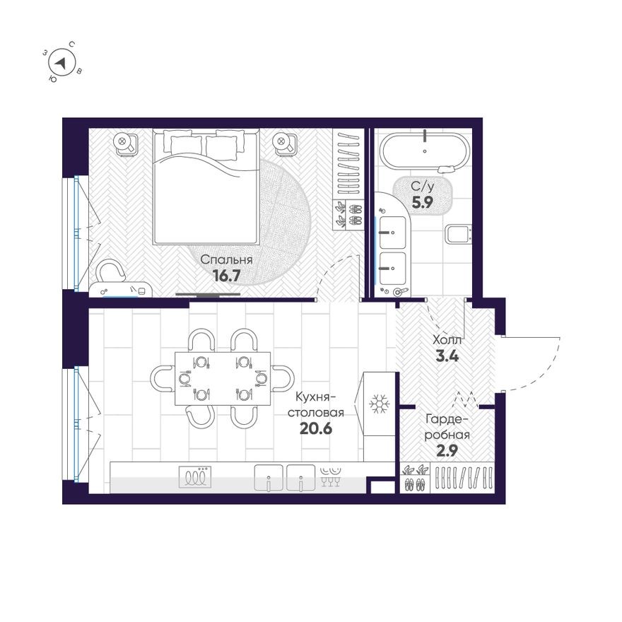 1к. квартира, 49.5 м²