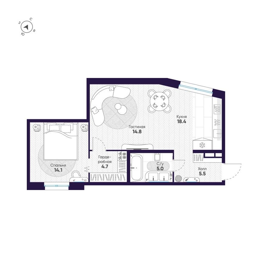 Планировка — 1к. квартира, 62.5 м²