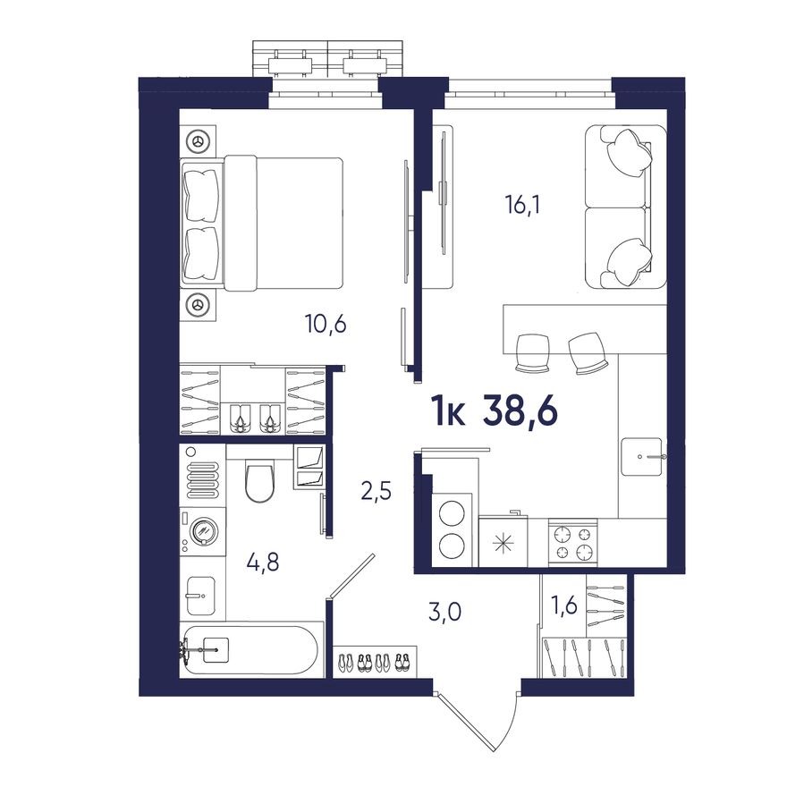 1к. квартира, 38.6 м²