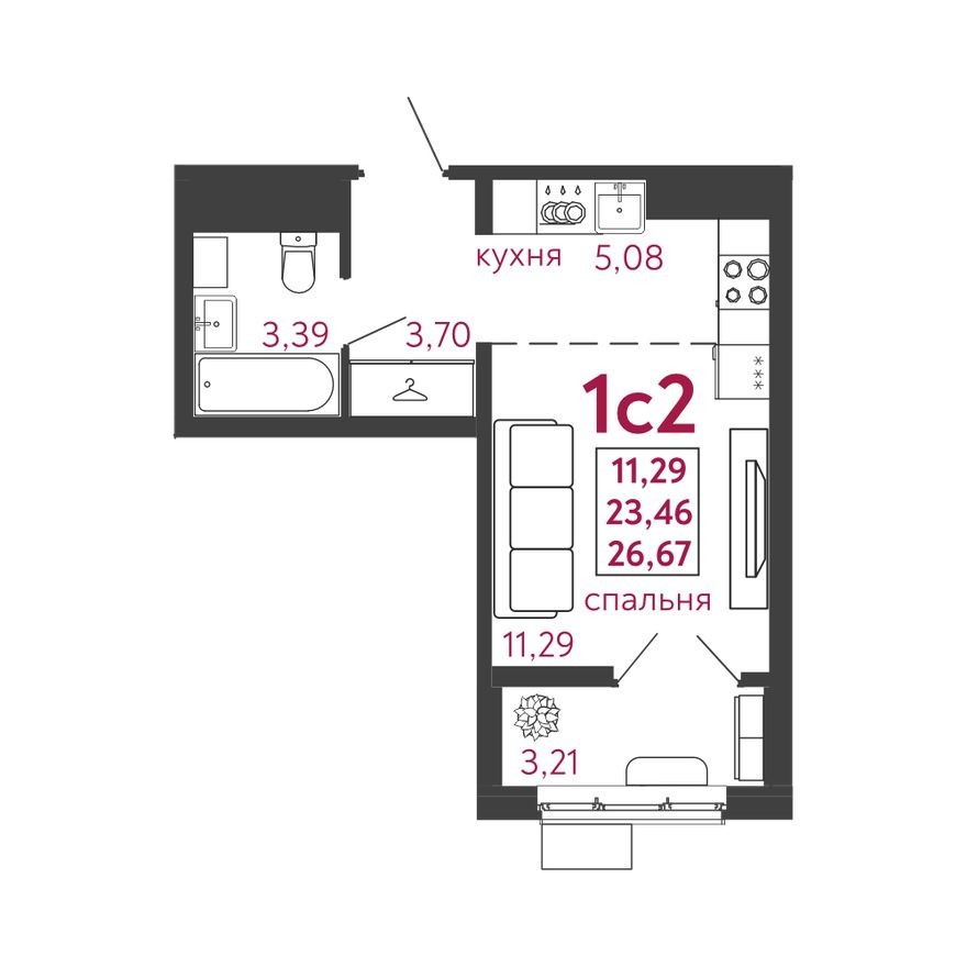 1к. квартира, 26.7 м²