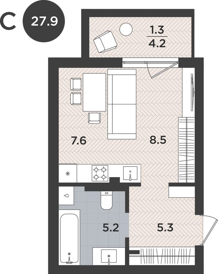 Студия-квартира, 27.9 м²