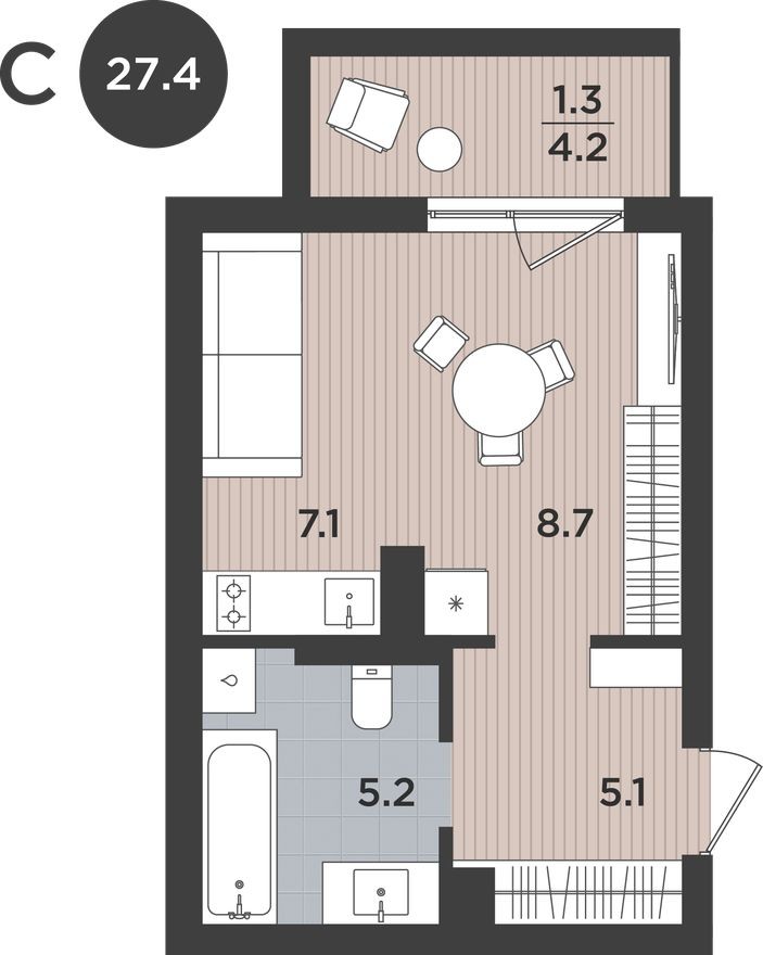 Студия-квартира, 27.4 м²