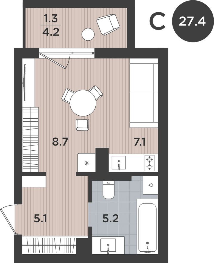 Студия-квартира, 27.4 м²