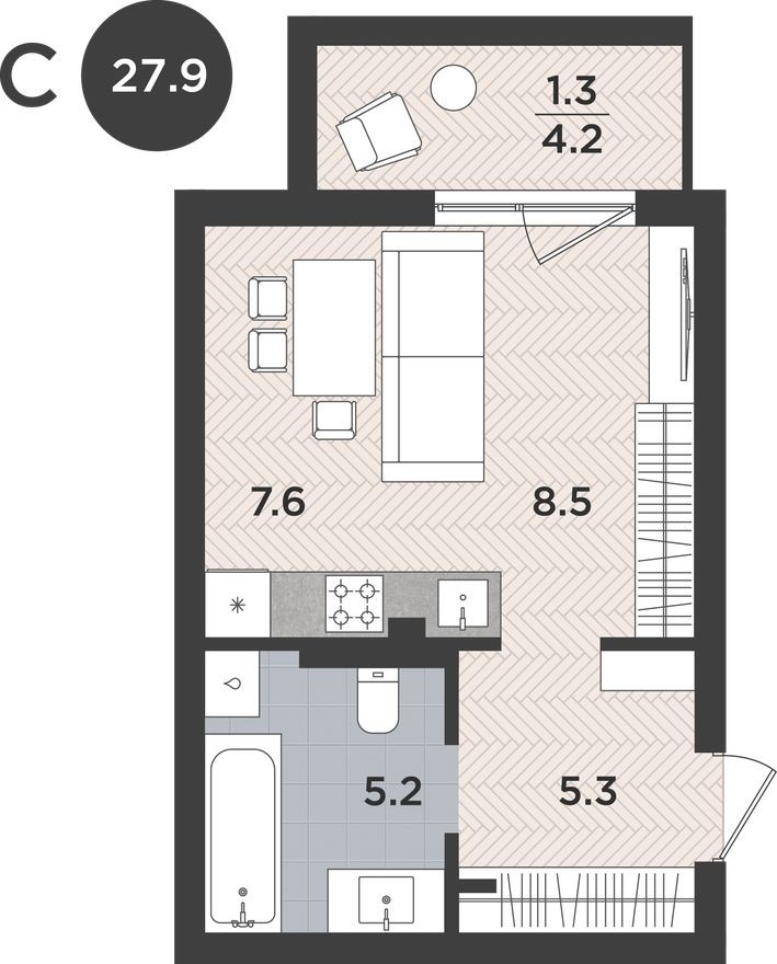 Студия-квартира, 27.9 м²