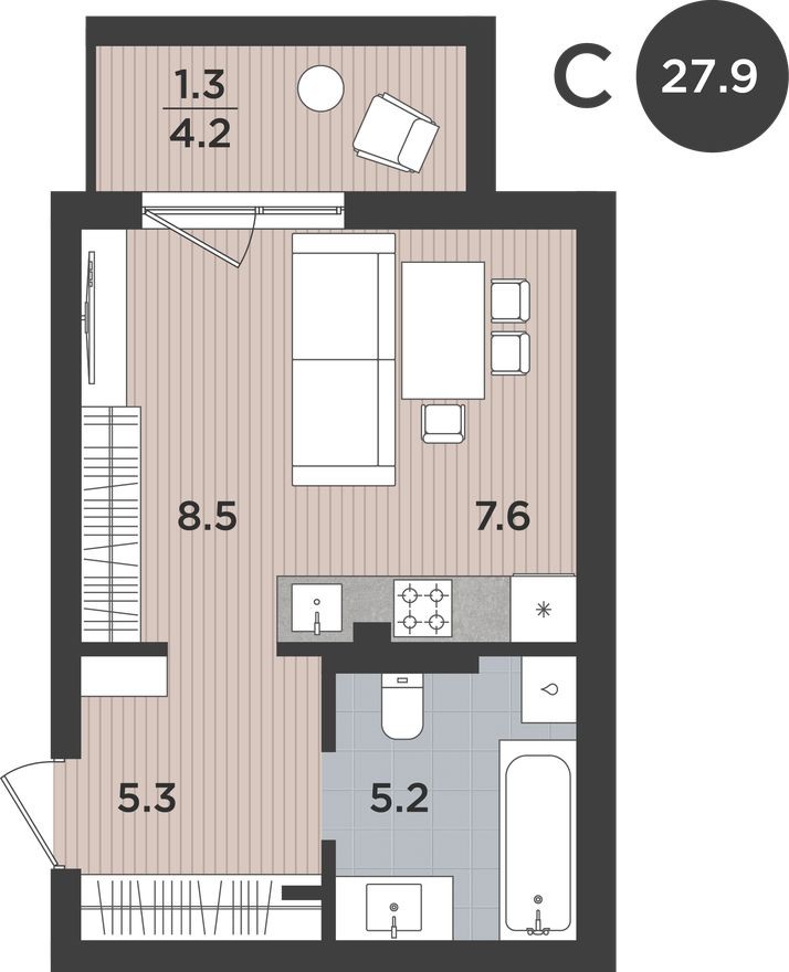 Студия-квартира, 27.9 м²