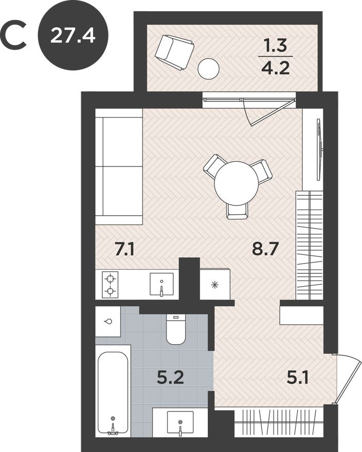 Студия-квартира, 27.4 м²