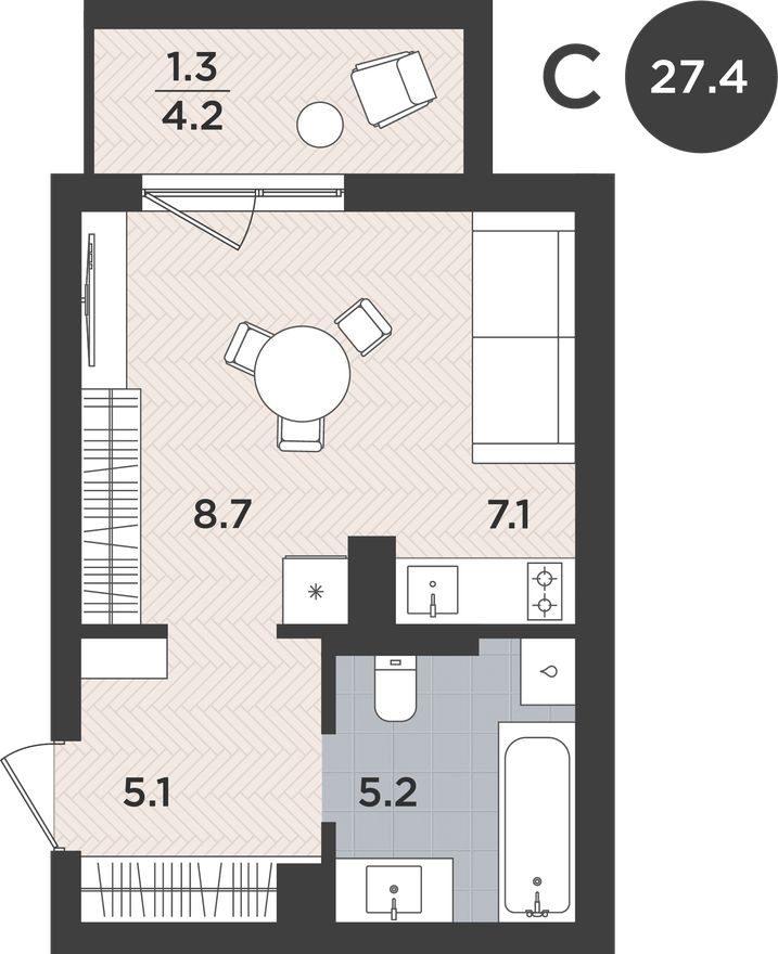Студия-квартира, 27.4 м²