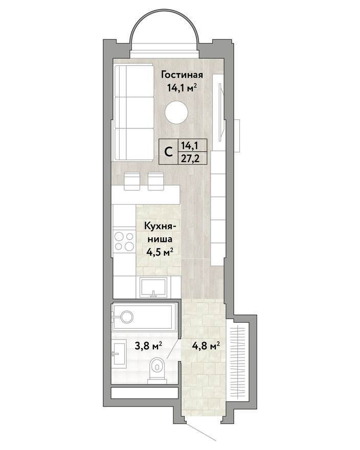 Студия-квартира, 27.2 м²