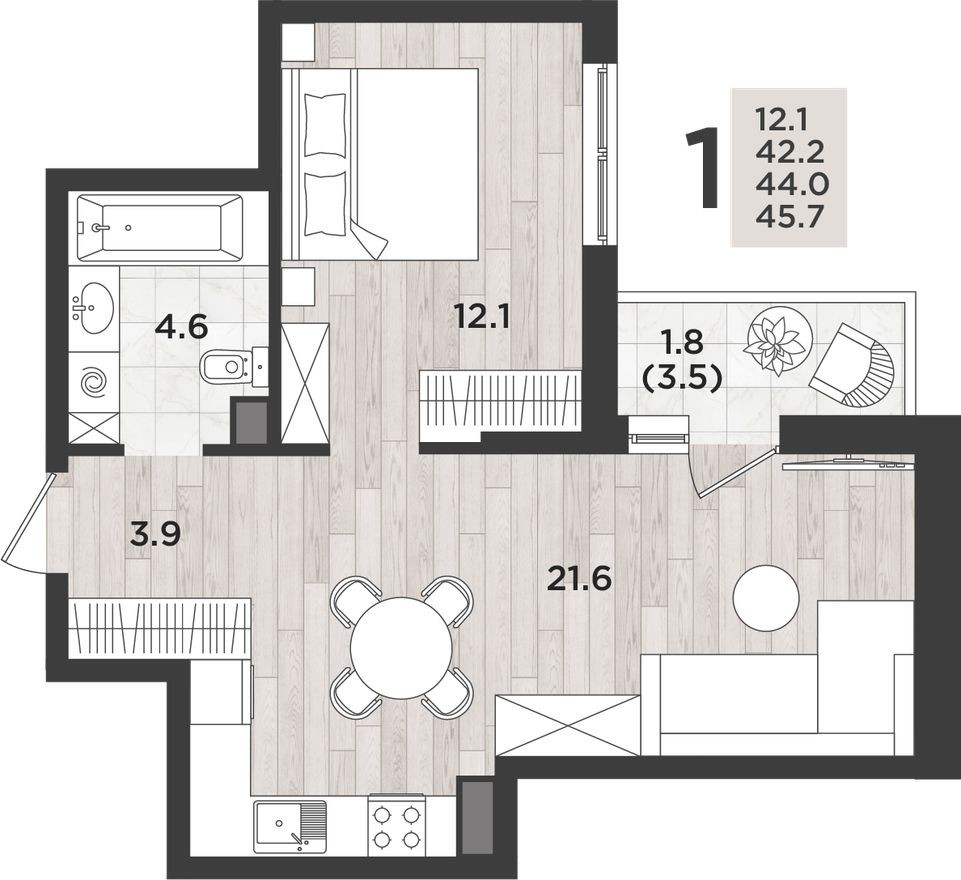 1к. квартира, 44.0 м²